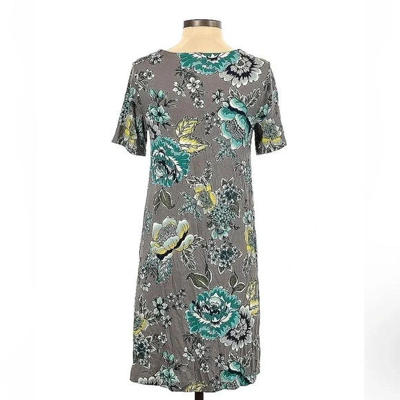 Ann Taylor | LOFT | Grey & Teal Floral Short Sleeve Tunic Dress Size XS - Picture 2 of 3